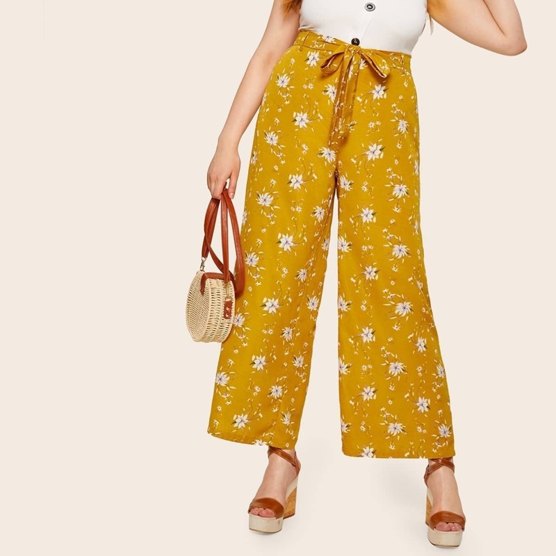 

Plus Tie Front Floral Print Wide Leg Pants, Yellow