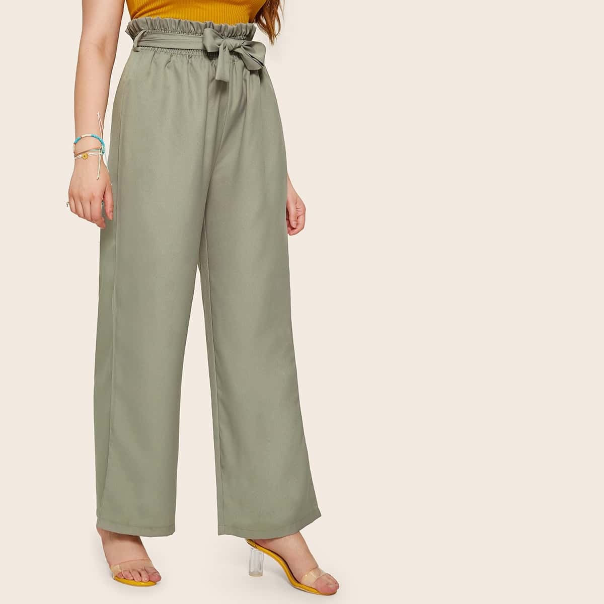 

Plus Self Tie Paper Bag Wide Leg Pants, Green