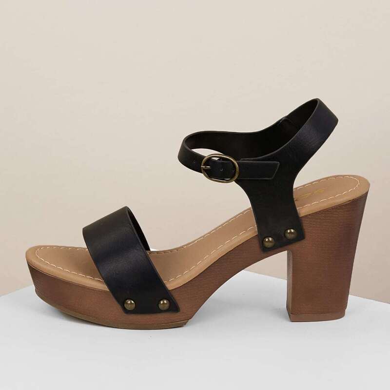 

Buckled Ankle Stacked Chunky Platform Heels, Black