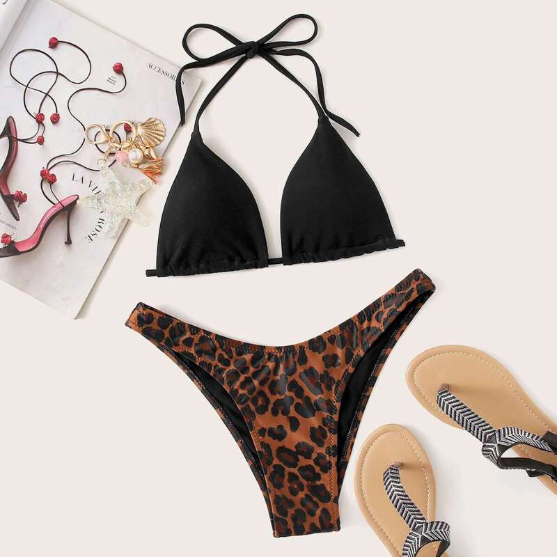 

Halter Top With Leopard High-leg Bikini Set, Black
