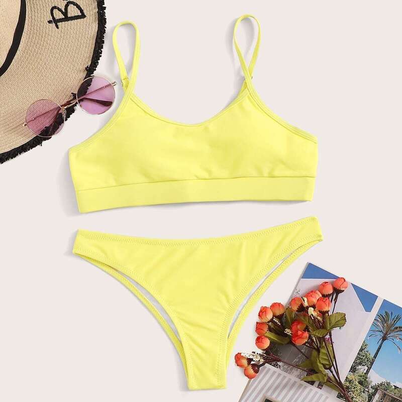 

Solid Spaghetti Strap Bikini Set, Yellow bright