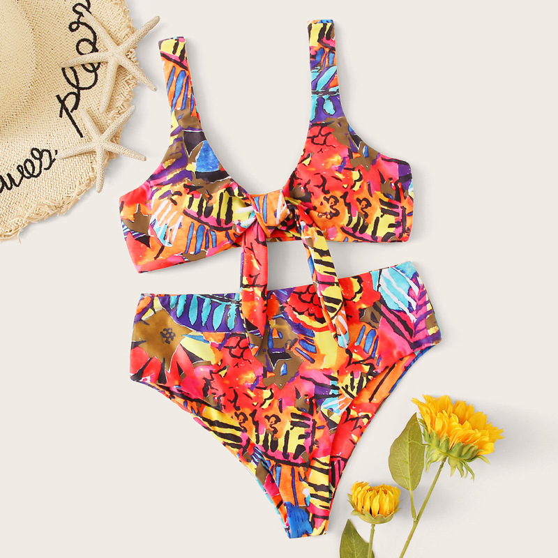 

Random Graphic Print Tie Front Bikini Set, Multicolor