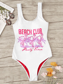 Letter & Flamingo Print Low Back One Piece Swimsuit
