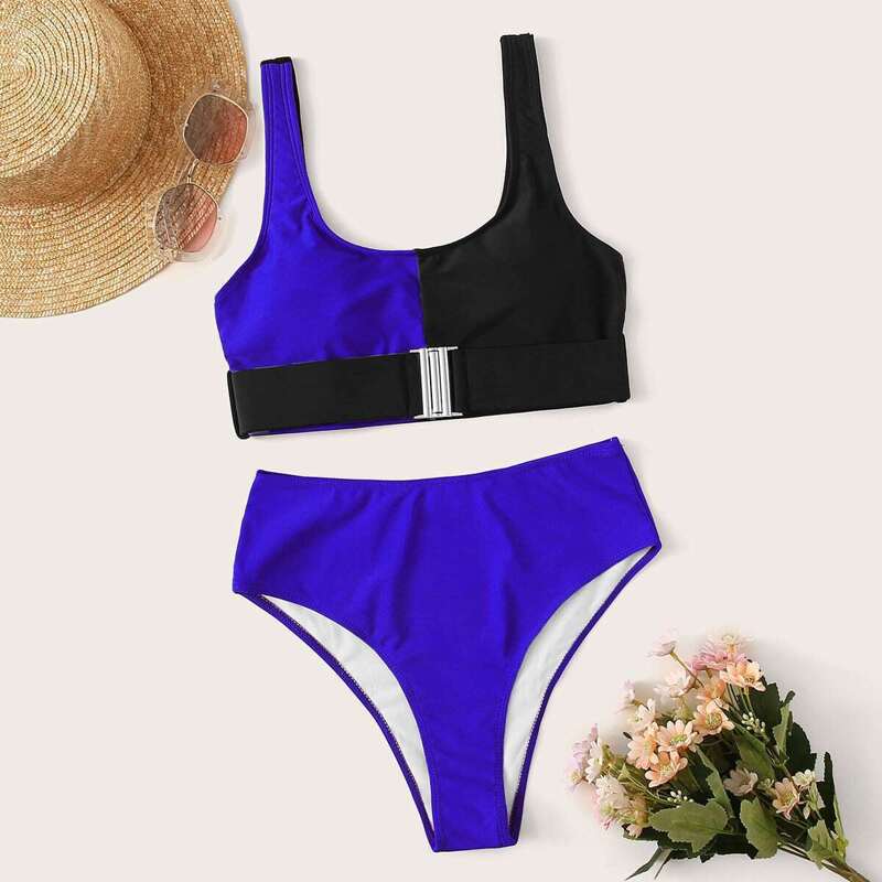 

Two Tone Buckle Front Top With High Waist Bikini, Blue