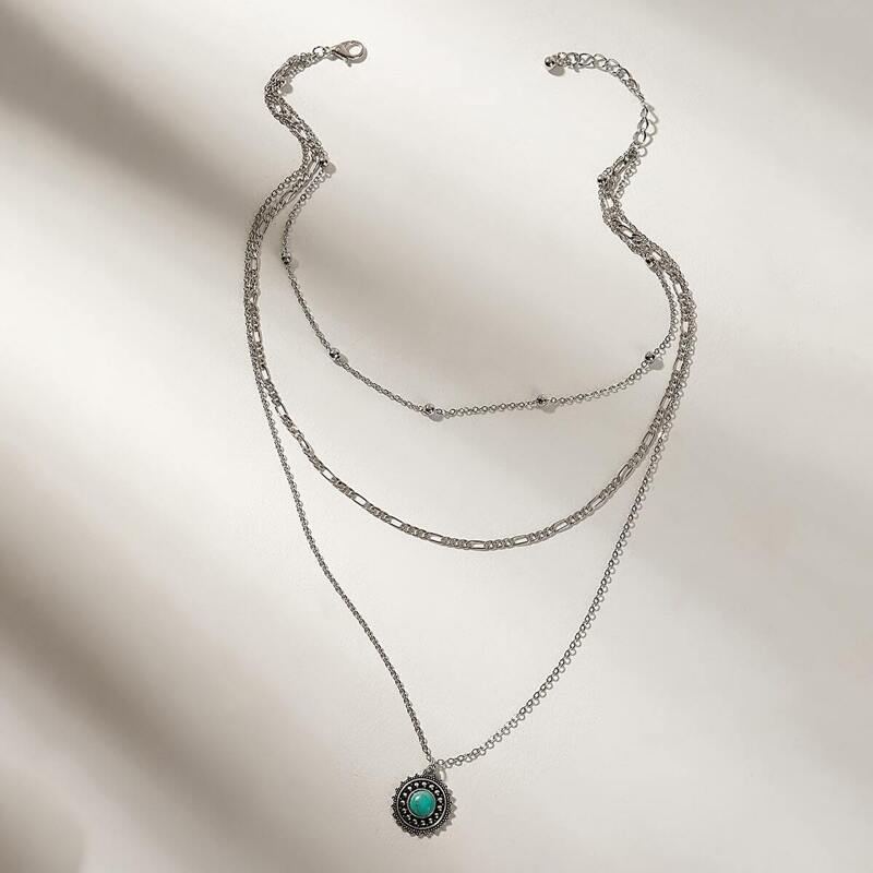 

Textured Round Pendant Multi Layered Chain Necklace 1pc, Silver