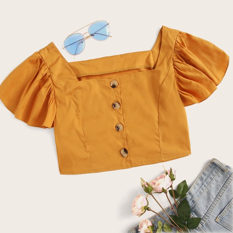

Button Front Square Neck Crop Blouse, Yellow