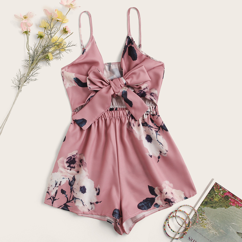 

Large Floral Print Tie Front Cami Playsuit, Multicolor