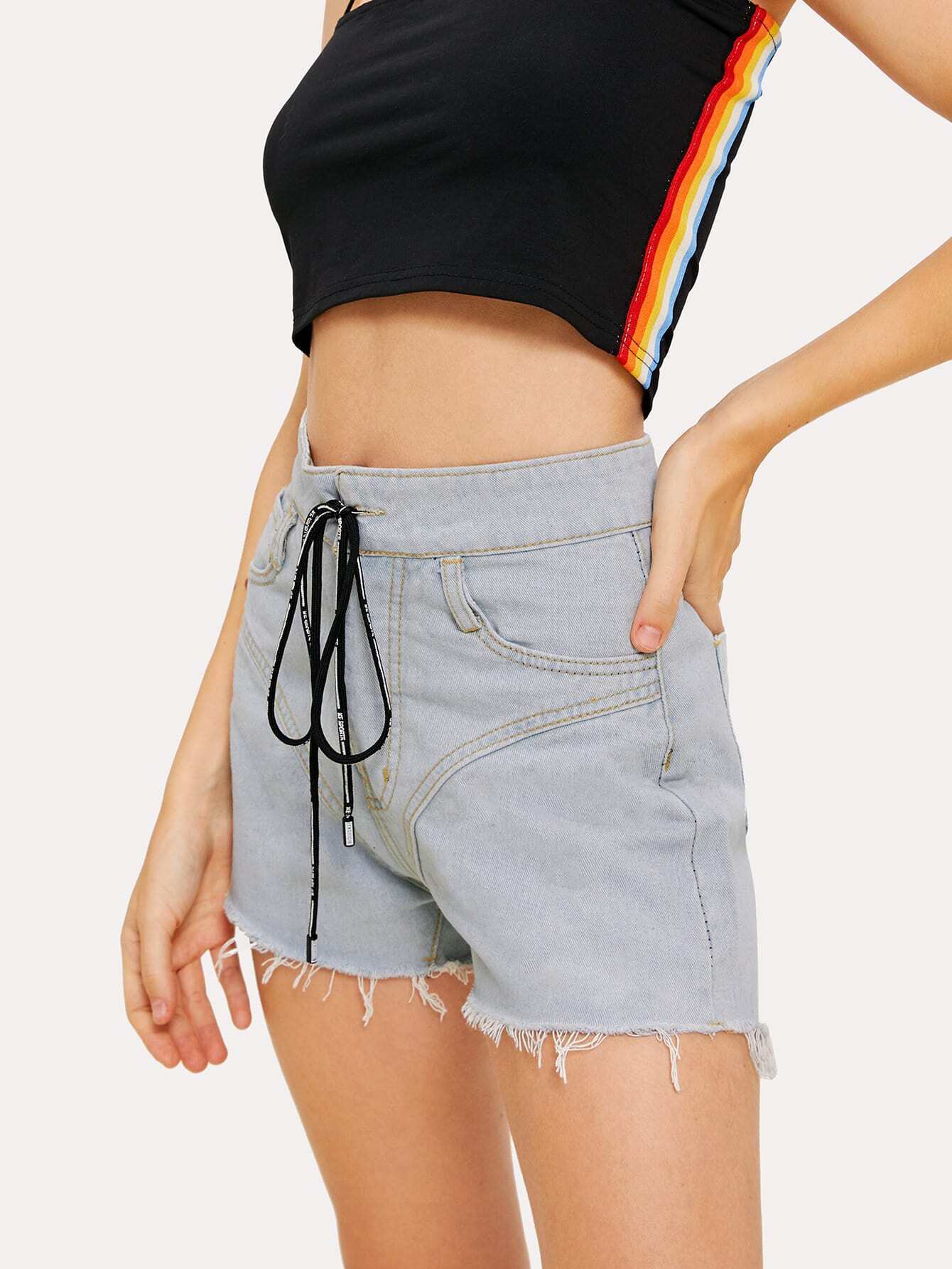 raw hem tie waist denim shorts