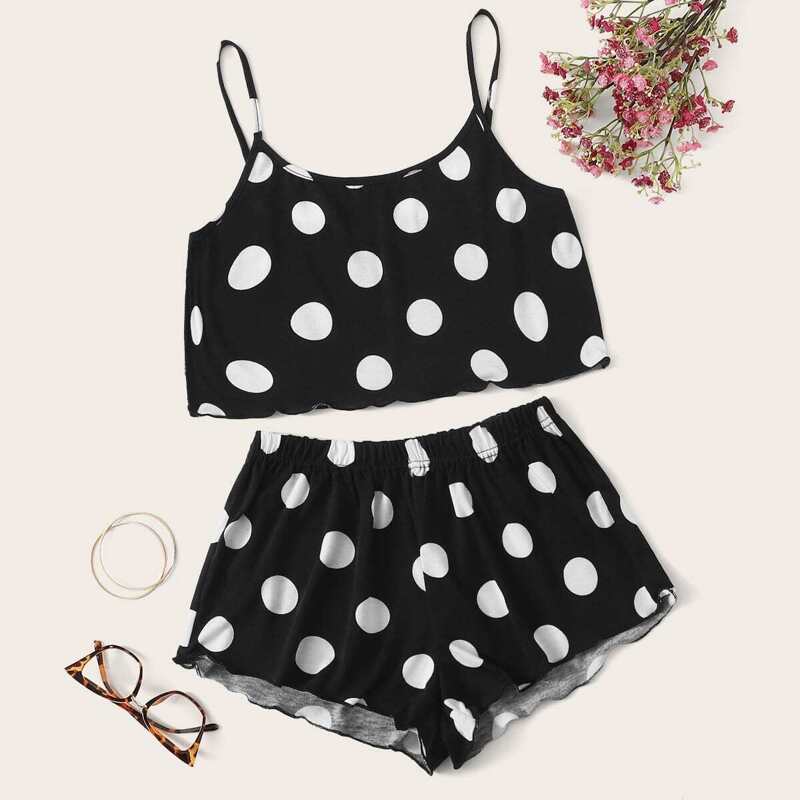 

Polka Dot Cami PJ Set, Black and white