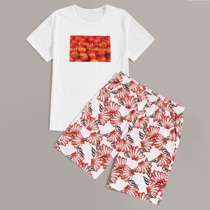 

Guys Slogan Print Tee & Shorts, Multicolor