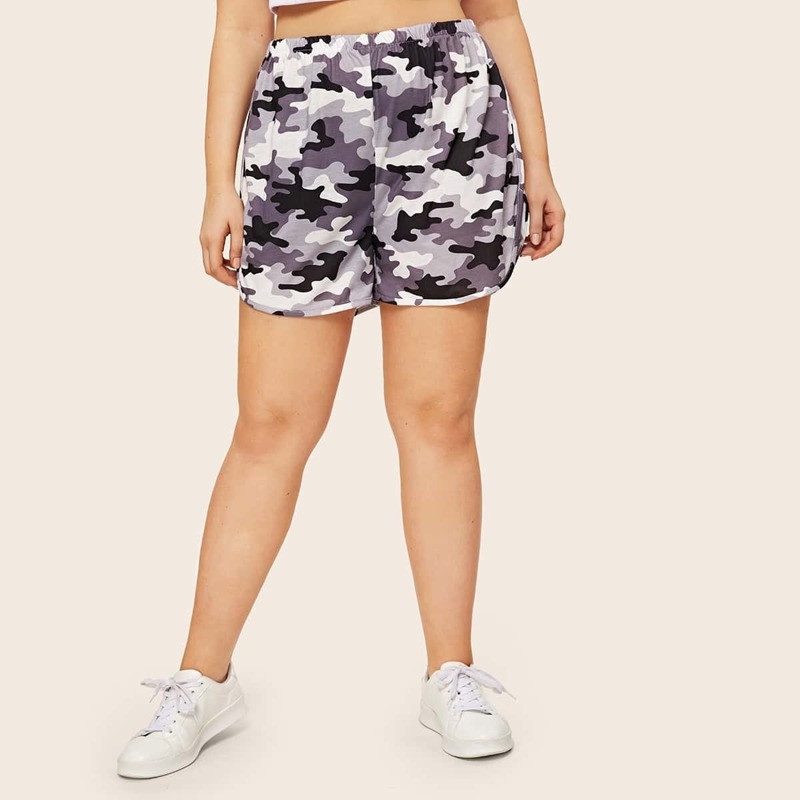 

Plus Camo Print Elastic Waist Track Shorts, Multicolor