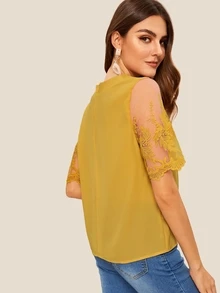 SHEIN 刺繡網紗袖上衣 - 芥末黃 - 查看 2