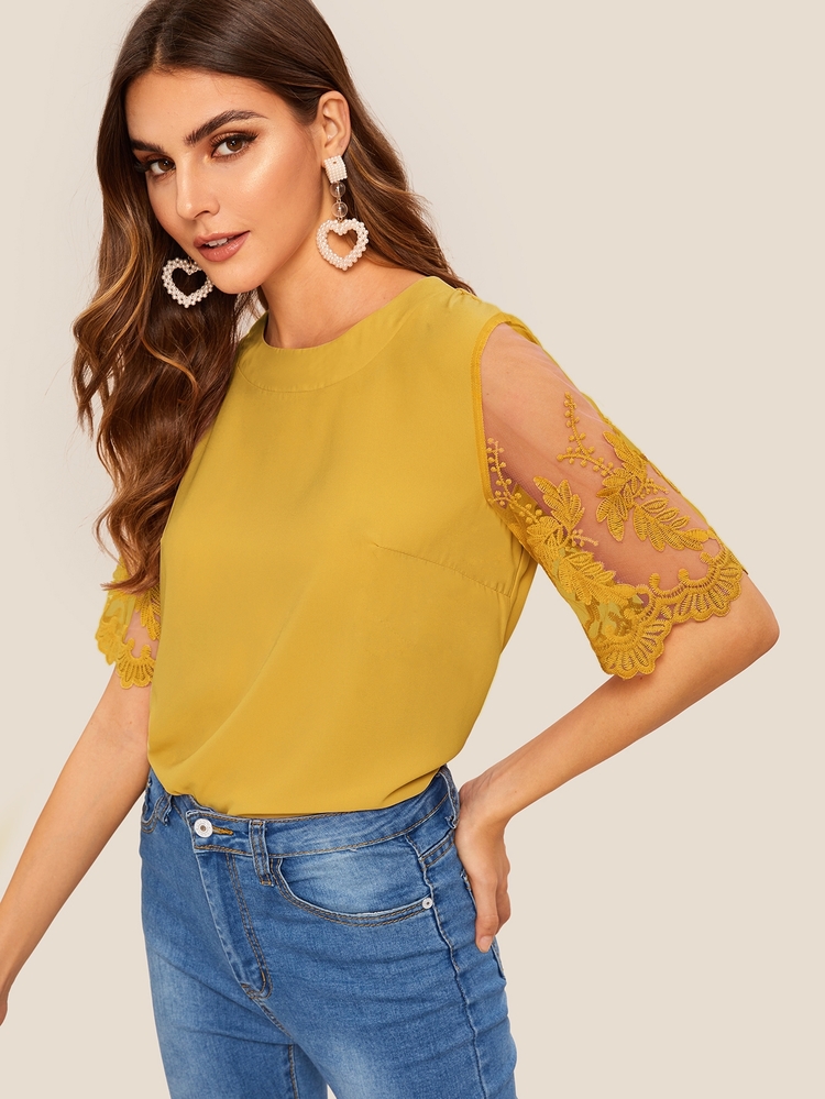 SHEIN Embroidered Mesh Sleeve Top - Mustard Yellow - View 5