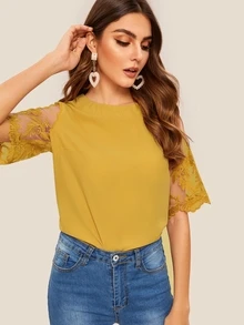 SHEIN 刺繡網紗袖上衣 - 芥末黃 - 查看 4
