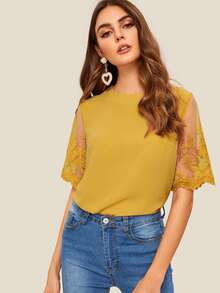 SHEIN 刺繡網紗袖上衣 - 芥末黃 - 查看 1