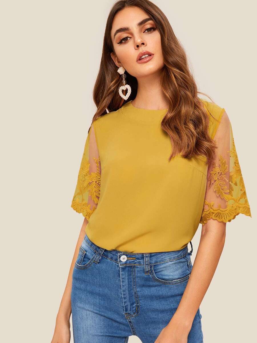 SHEIN 刺繡網紗袖上衣 - 芥末黃 - 查看 1