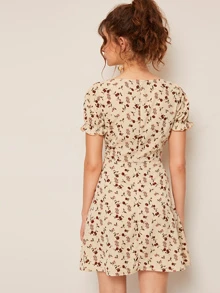SHEIN VCAY Vestido floral de margarita de puño fruncido de cuello con cordón - Albaricoque - Ver 2