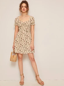 SHEIN VCAY Vestido floral de margarita de puño fruncido de cuello con cordón - Albaricoque - Ver 3