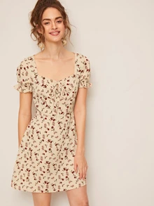 SHEIN VCAY Vestido floral de margarita de puño fruncido de cuello con cordón - Albaricoque - Ver 4