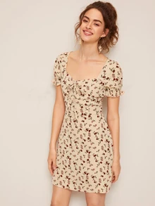 SHEIN VCAY Vestido floral de margarita de puño fruncido de cuello con cordón - Albaricoque - Ver 5