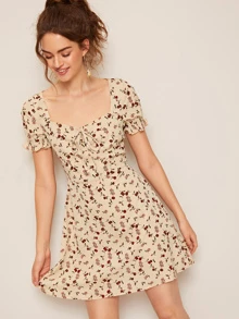 SHEIN VCAY Vestido floral de margarita de puño fruncido de cuello con cordón - Albaricoque - Ver 1