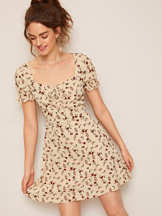 Ditsy Rose Floral Print Ruffled Mini Dress