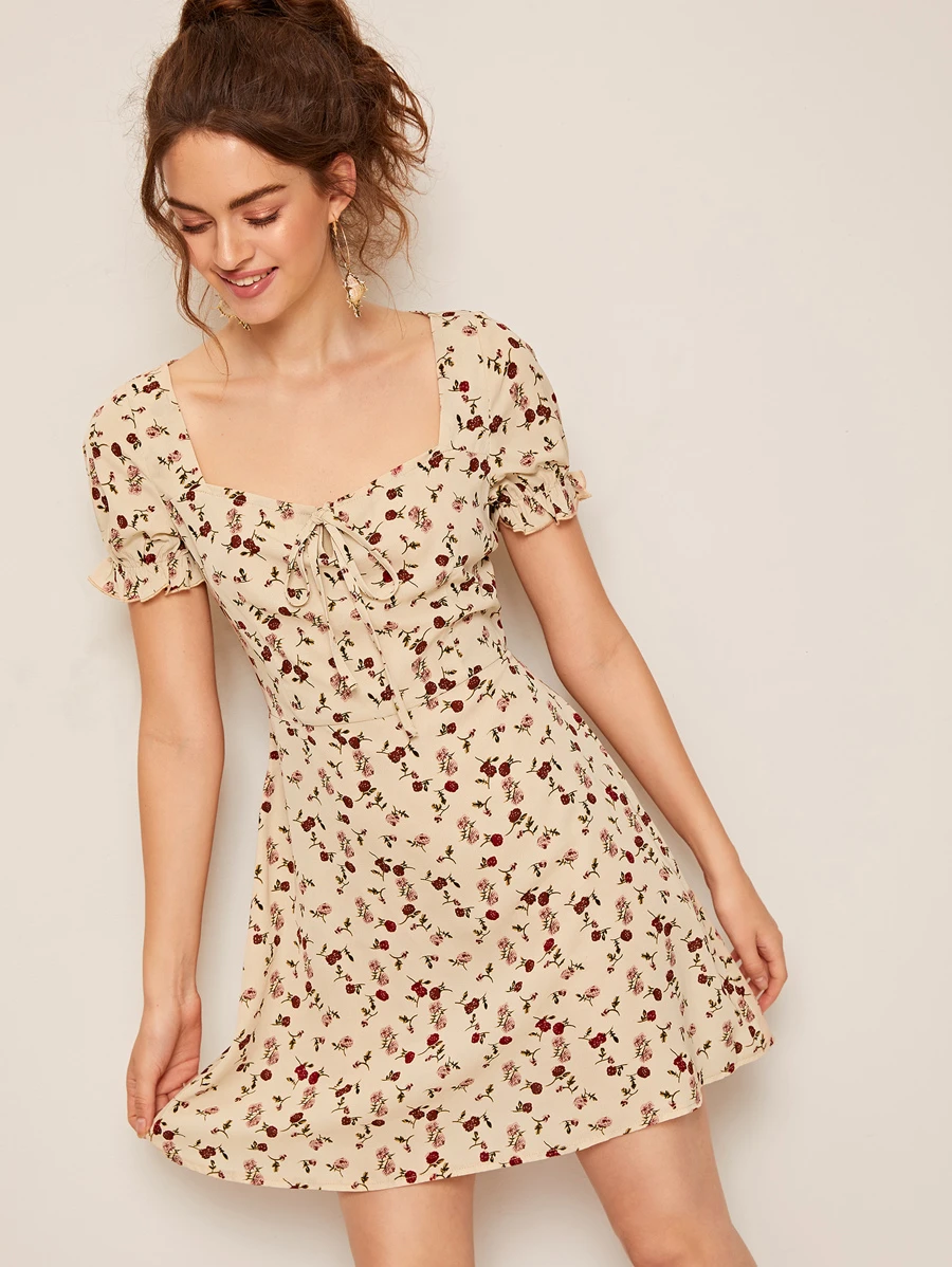 SHEIN VCAY Vestido floral de margarita de puño fruncido de cuello con cordón - Albaricoque - Ver 1