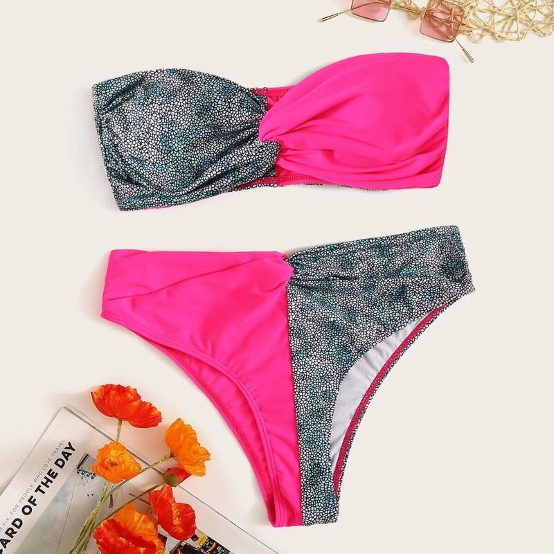 

Contrast Neon Hot Pink Twist Bandeau Bikini Set, Multicolor bright