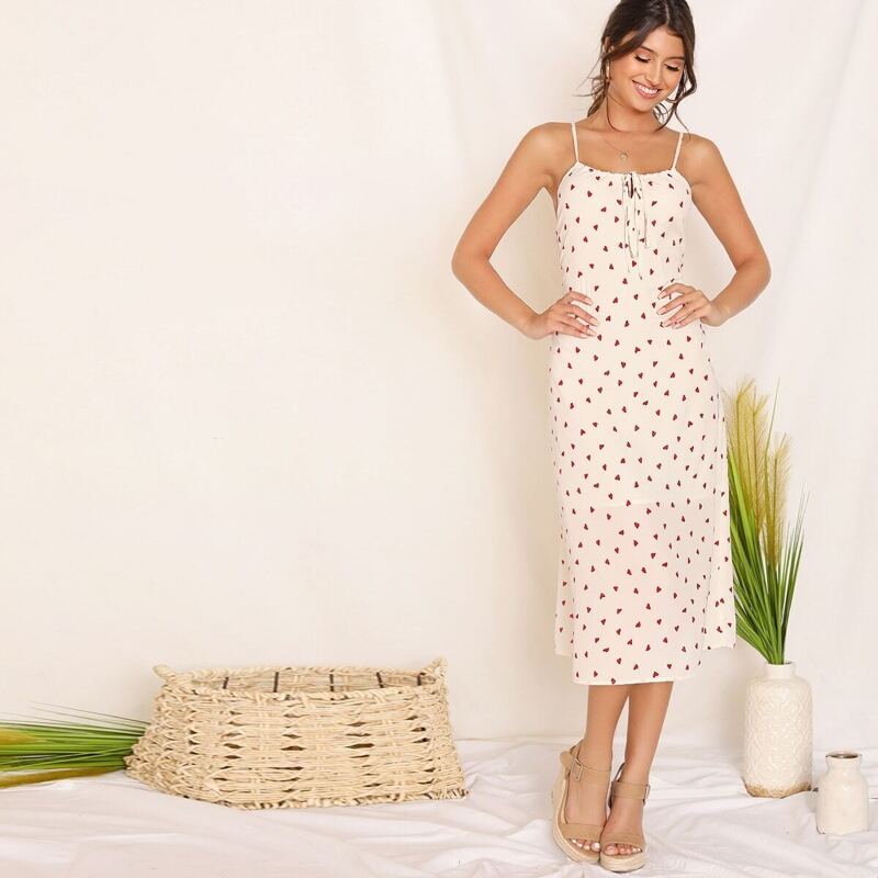 

Tie Front Confetti Heart Print Cami Dress, White