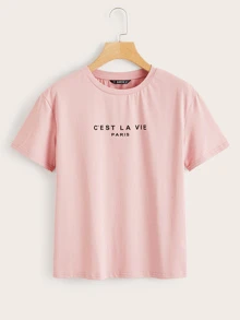SHEIN Essnce 標語印花tee - 淺粉色 - 查看 1