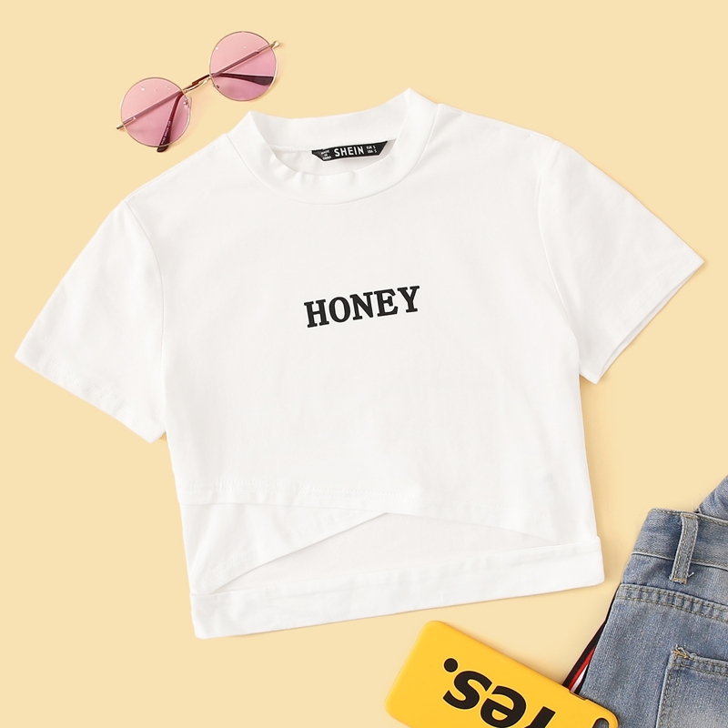 

Wrap Cut Out Front Letter Graphic Crop Tee, White