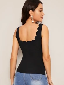 SHEIN Privé Scalloped Trim Tank Top - Black - View 2