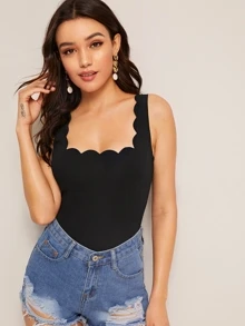 SHEIN Privé Scalloped Trim Tank Top - Black - View 4