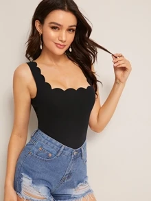 SHEIN Privé Scalloped Trim Tank Top - Black - View 5