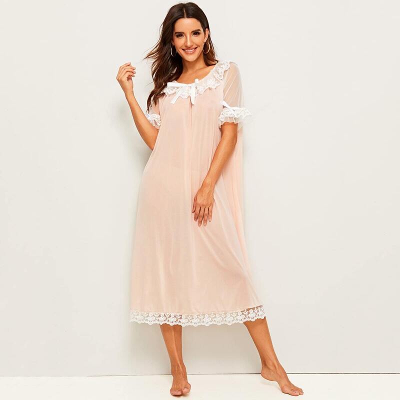 

Lace Trim Tie Detail Nightdress, Pink