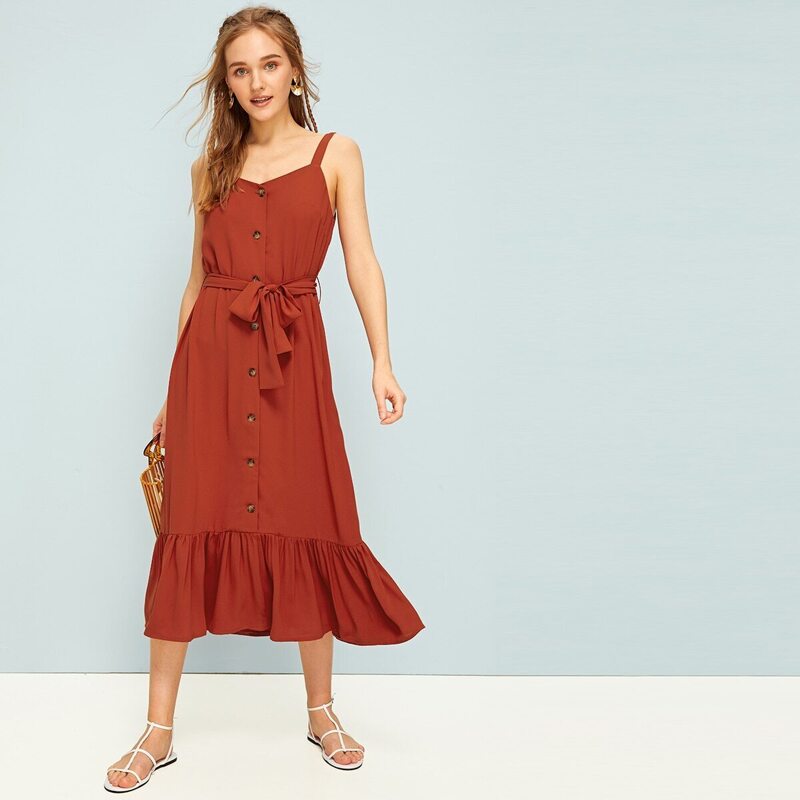 

Button Through Ruffle Hem Belted Dress, Red