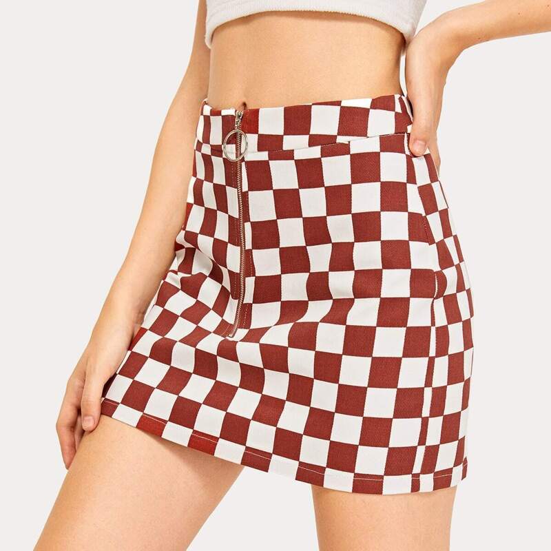 

O-ring Zipper Up Checked Bodycon Skirt, Red
