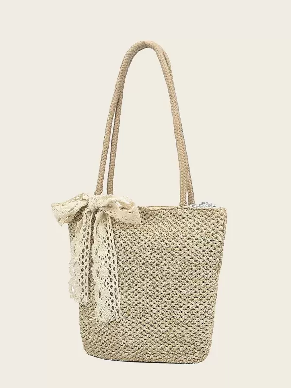 Bow Tie Decor Woven Tote Bag Bow Tie Decor Woven Tote Bag
