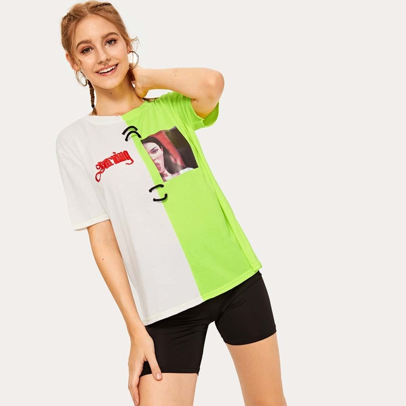 

Two Tone Letter Embroidered Figure Print Tee, Multicolor bright