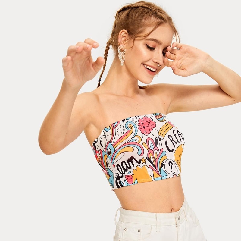 

Cartoon & Letter Print Tube Top, Multicolor