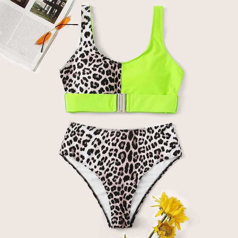 

Neon Lime Buckle Top With High Waist Bikini, Multicolor bright