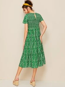 Ditsy Floral Shirred Tent Dress - Green - View 2