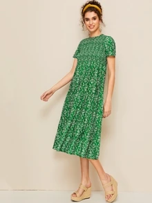 Ditsy Floral Shirred Tent Dress - Green - View 4