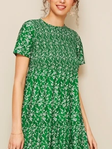 Ditsy Floral Shirred Tent Dress - Green - View 5