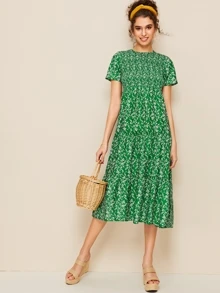 Ditsy Floral Shirred Tent Dress - Green - View 1