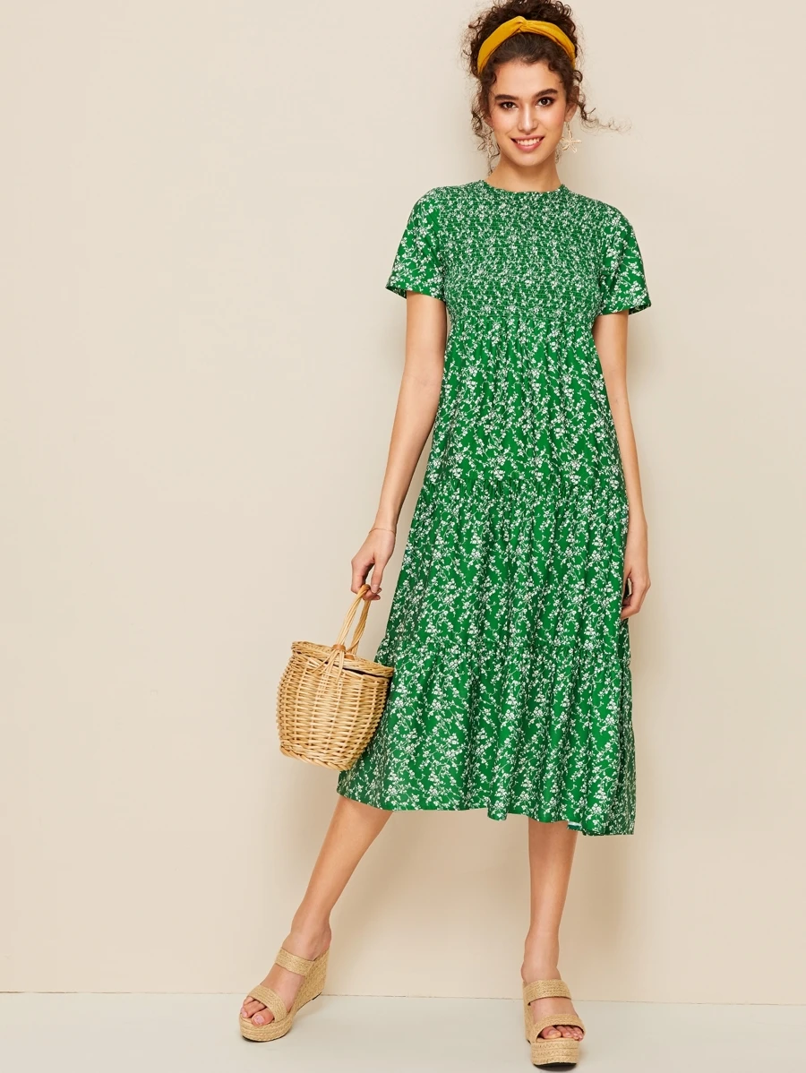 Ditsy Floral Shirred Tent Dress - Green - View 1