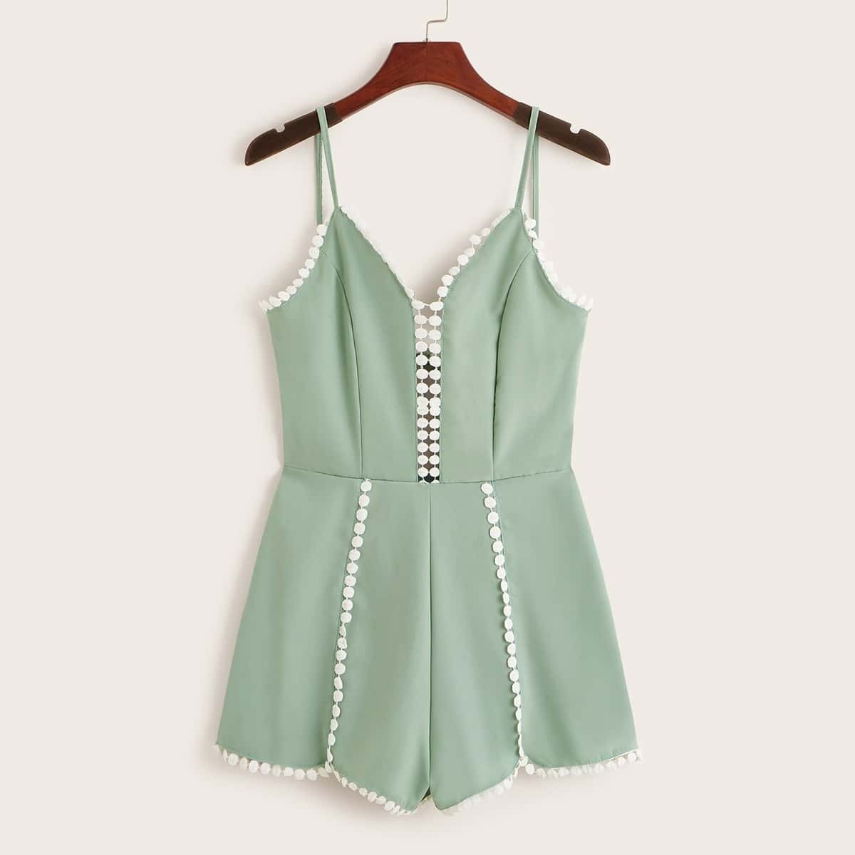 

Pom Pom Trim Tie Back Cami Playsuit, Green