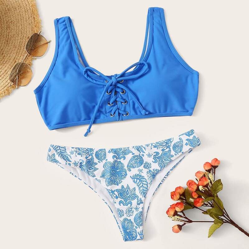 

Lace-up Front Top With Random Floral Bikini Set, Multicolor