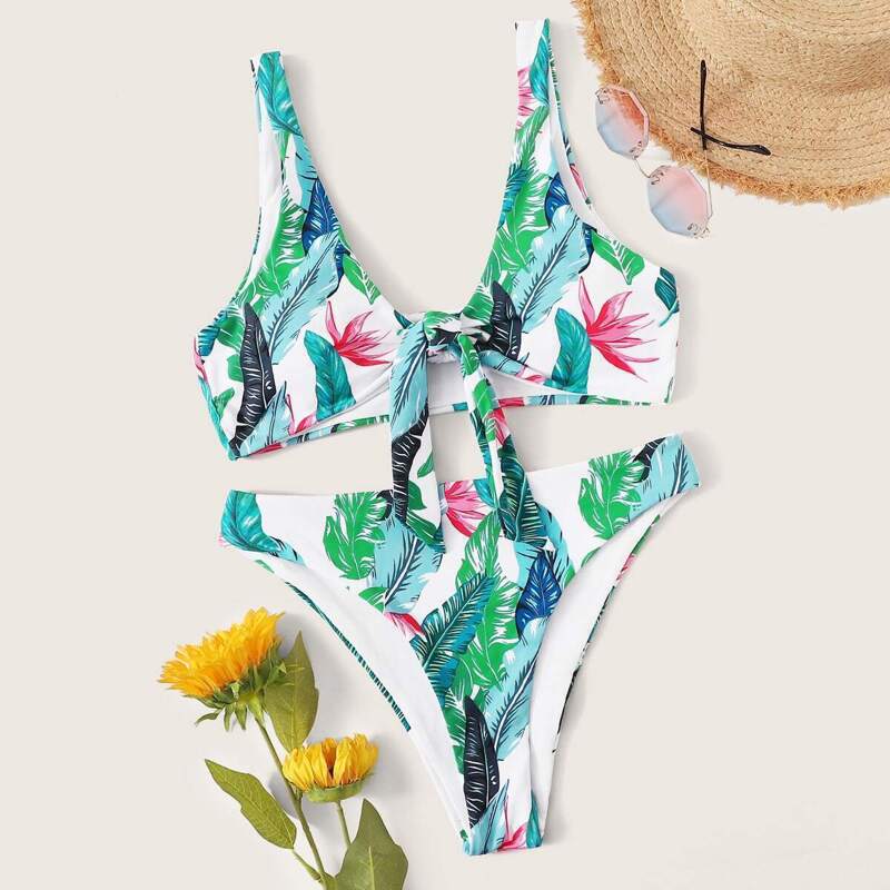 

Random Leaf Print Knot Front Bikini Set, Multicolor