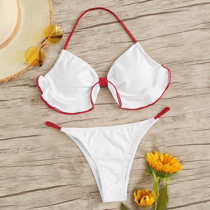 

Contrast Piping Lettuce Trim Top With Tanga Bikini, White